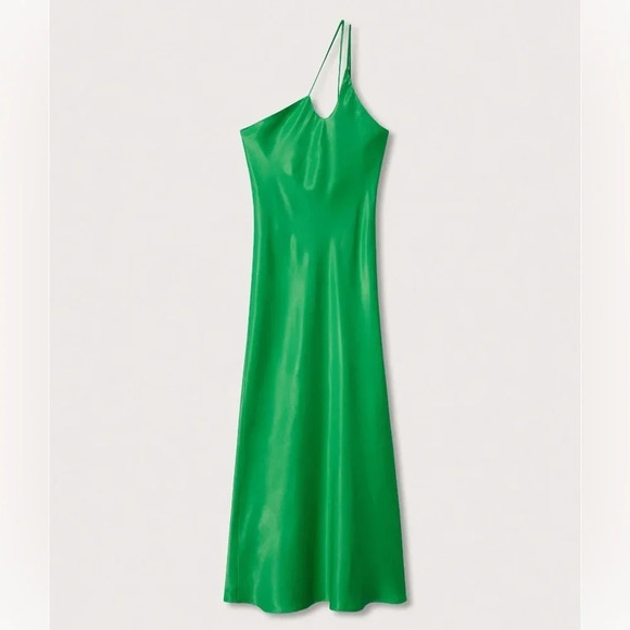 MANGO Asymmetrical Satin Effect One Shoulder Long Dress Green Size Small - Picture 10 of 16